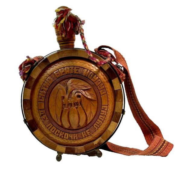 Vintage Wooden Flask Drinking Vessel Antique Hand Carved Wooden Flaskw/Strap